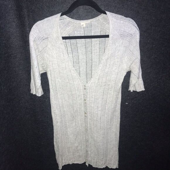 Eileen Fisher Cardigan Petite Small PS Grey Ribbed Lightweight 3/4 Sleeve Linen* - Picture 1 of 11